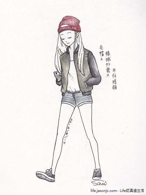 少女服飾百變風格穿搭：毛帽、棒球外套和牛仔短褲